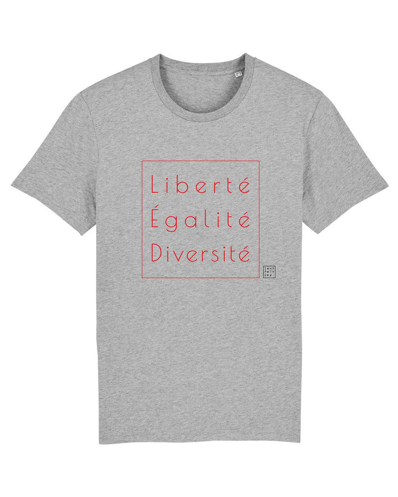 Nachhaltiges grau meliertes T-Shirt aus GOTS-zertifizierter Bio-Baumwolle von just fair joy mit Design Liberté Égalité Diversité.