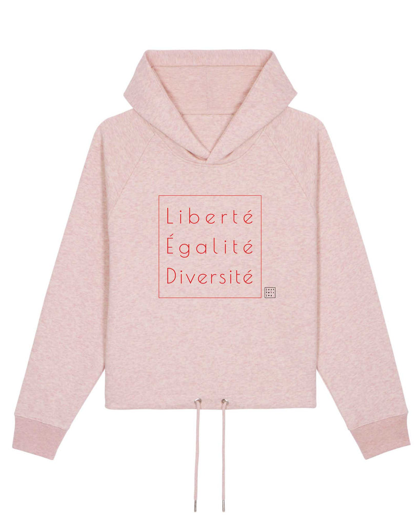 Nachhaltiges rosa meliertes Hoodie aus GOTS-zertifizierter Bio-Baumwolle von just fair joy mit Design Liberté Égalité Diversité.