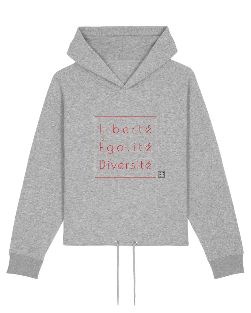 Nachhaltiges grau meliertes Hoodie aus GOTS-zertifizierter Bio-Baumwolle von just fair joy mit Design Liberté Égalité Diversité.