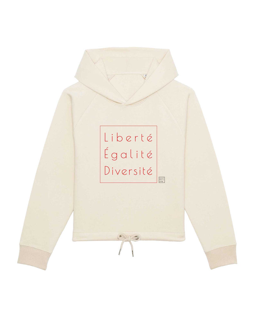 Nachhaltiges naturfarbenes Hoodie aus GOTS-zertifizierter Bio-Baumwolle von just fair joy mit Design Liberté Égalité Diversité.