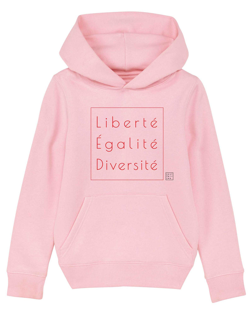 Nachhaltiges rosa Kinder Hoodie aus GOTS-zertifizierter Bio-Baumwolle von just fair joy mit Design Liberté Égalité Diversité.