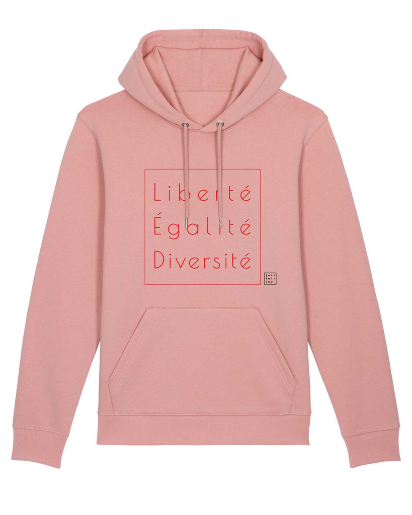 Nachhaltiges rosa Hoodie aus GOTS-zertifizierter Bio-Baumwolle von just fair joy mit Design Liberté Égalité Diversité.