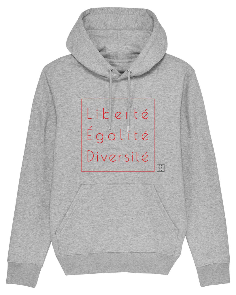 Nachhaltiges grau meliertes Hoodie aus GOTS-zertifizierter Bio-Baumwolle von just fair joy mit Design Liberté Égalité Diversité.