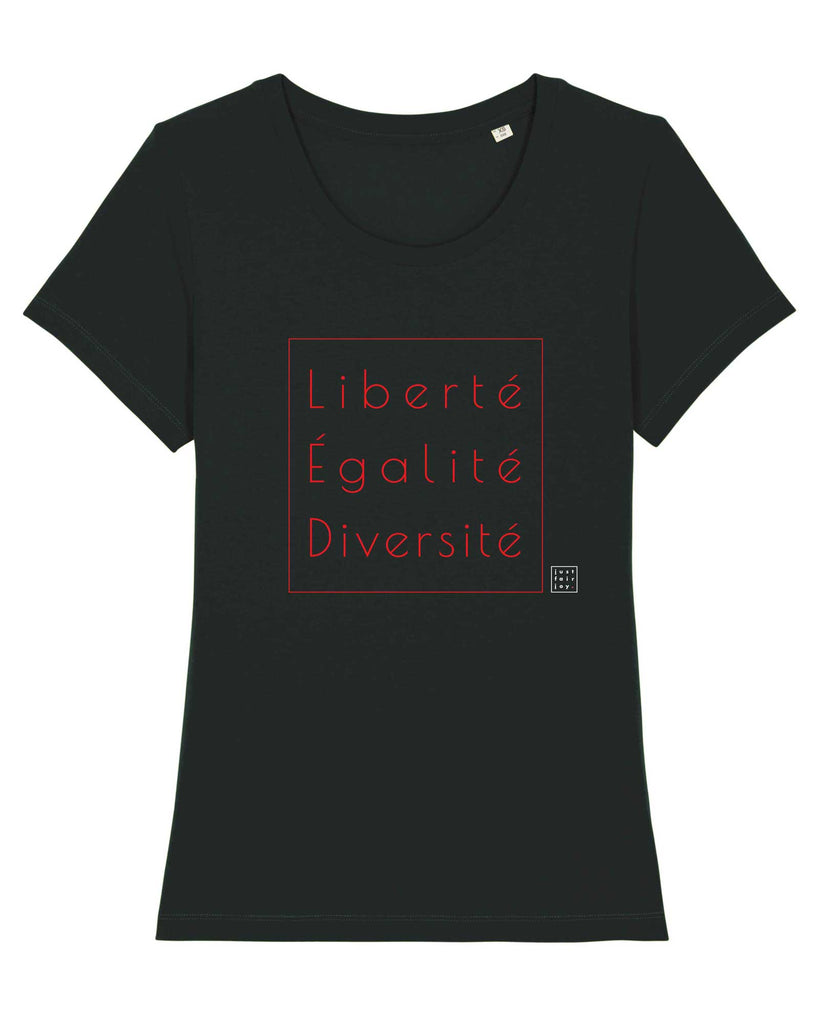 Nachhaltiges schwarzes T-Shirt aus GOTS-zertifizierter Bio-Baumwolle von just fair joy mit Design Liberté Égalité Diversité.