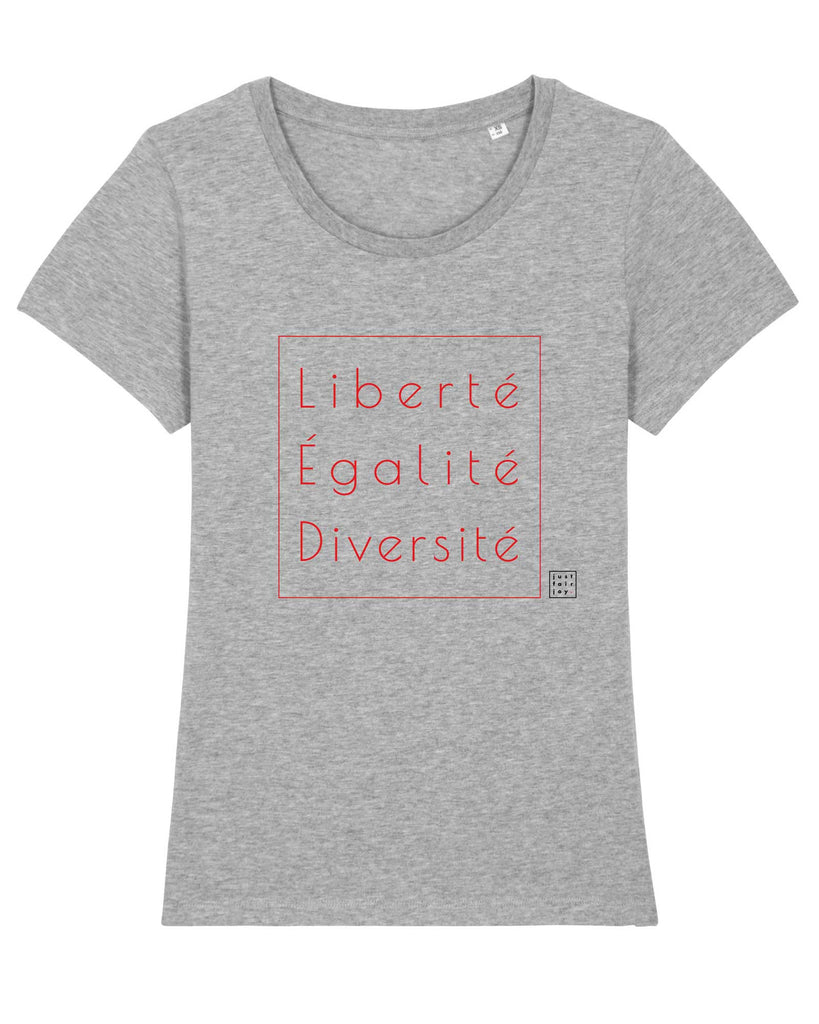 Nachhaltiges grau meliertes T-Shirt aus GOTS-zertifizierter Bio-Baumwolle von just fair joy mit Design Liberté Égalité Diversité.