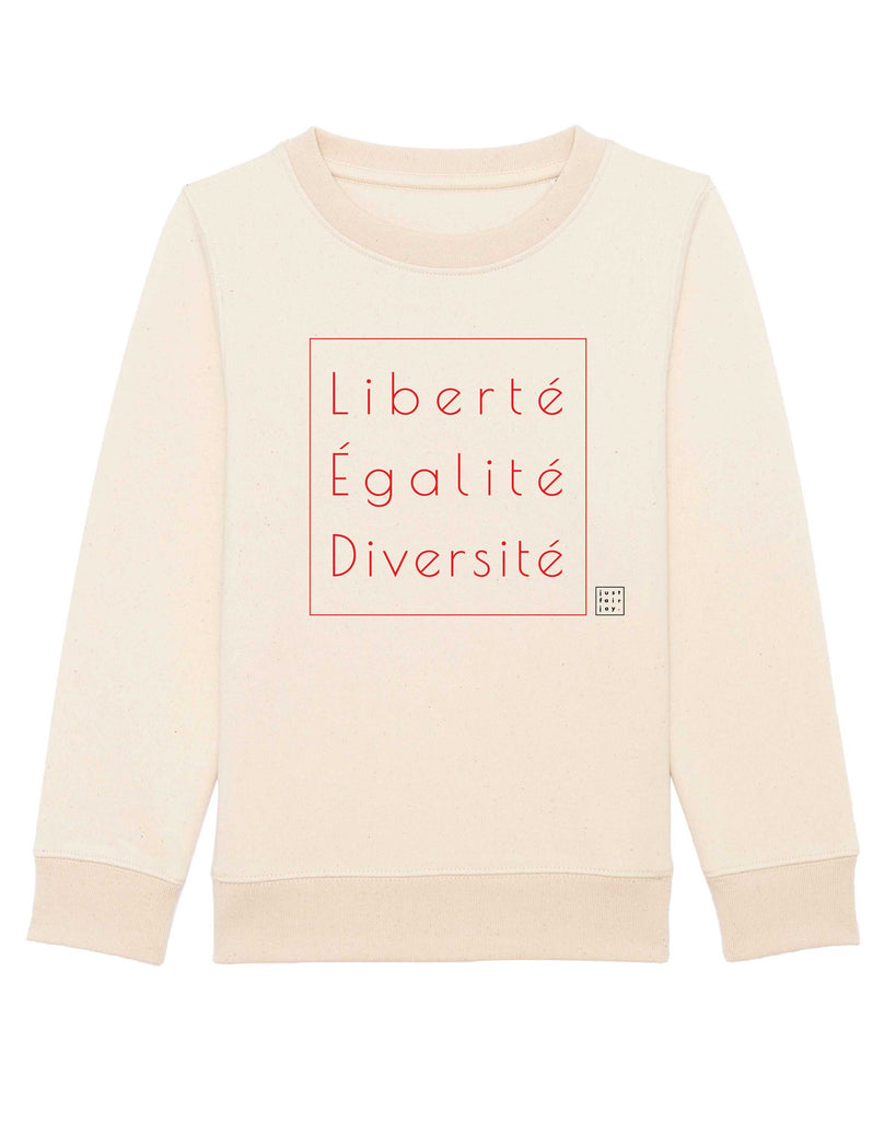 Nachhaltiges naturfarbenes Kinder Sweatshirt aus GOTS-zertifizierter Bio-Baumwolle von just fair joy mit Design Liberté Égalité Diversité.