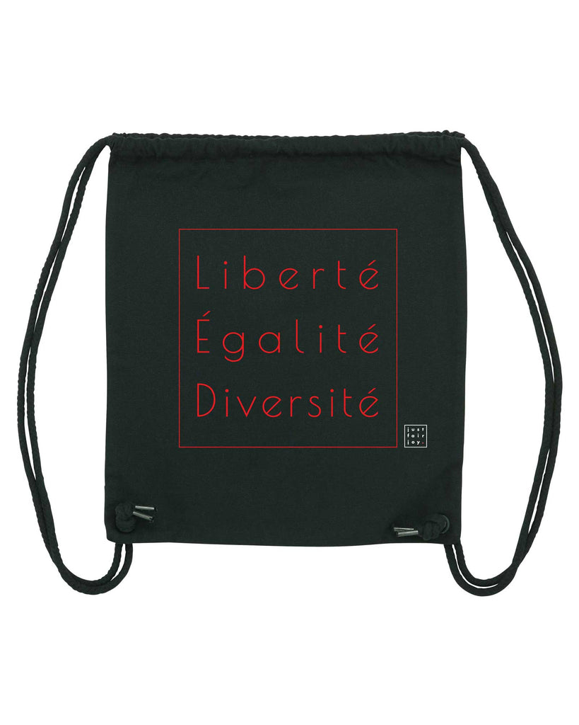 Nachhaltige Einkaufstasche in schwarz aus 80% recycelter Baumwolle und 20% recyceltem Polyester von just fair joy mit Design Liberté Égalité Diversité.